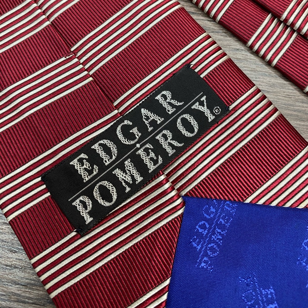 Edgar Pomeroy Red w/ White Stripe Silk Tie - Picture 3 of 4